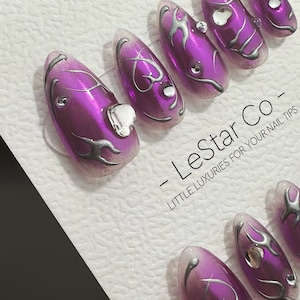 Wielokrotnego użytku fioletowo-srebrne serce | Ręcznie robione żelowe paznokcie do naklejania | Oferta czasowa 4 za 3