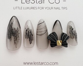 Timed Offer 4 For 3) Handmade Press On Matte Black Bow Gel Acrylic Nails