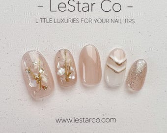 Timed Offer 4 For 3) Handmade Press On Nude w/ Gold foil Gel Acrylic Nails