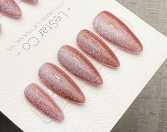 Handmade Pink Prism Cat Eye Press On Nails – Gel Acrylic Manicure