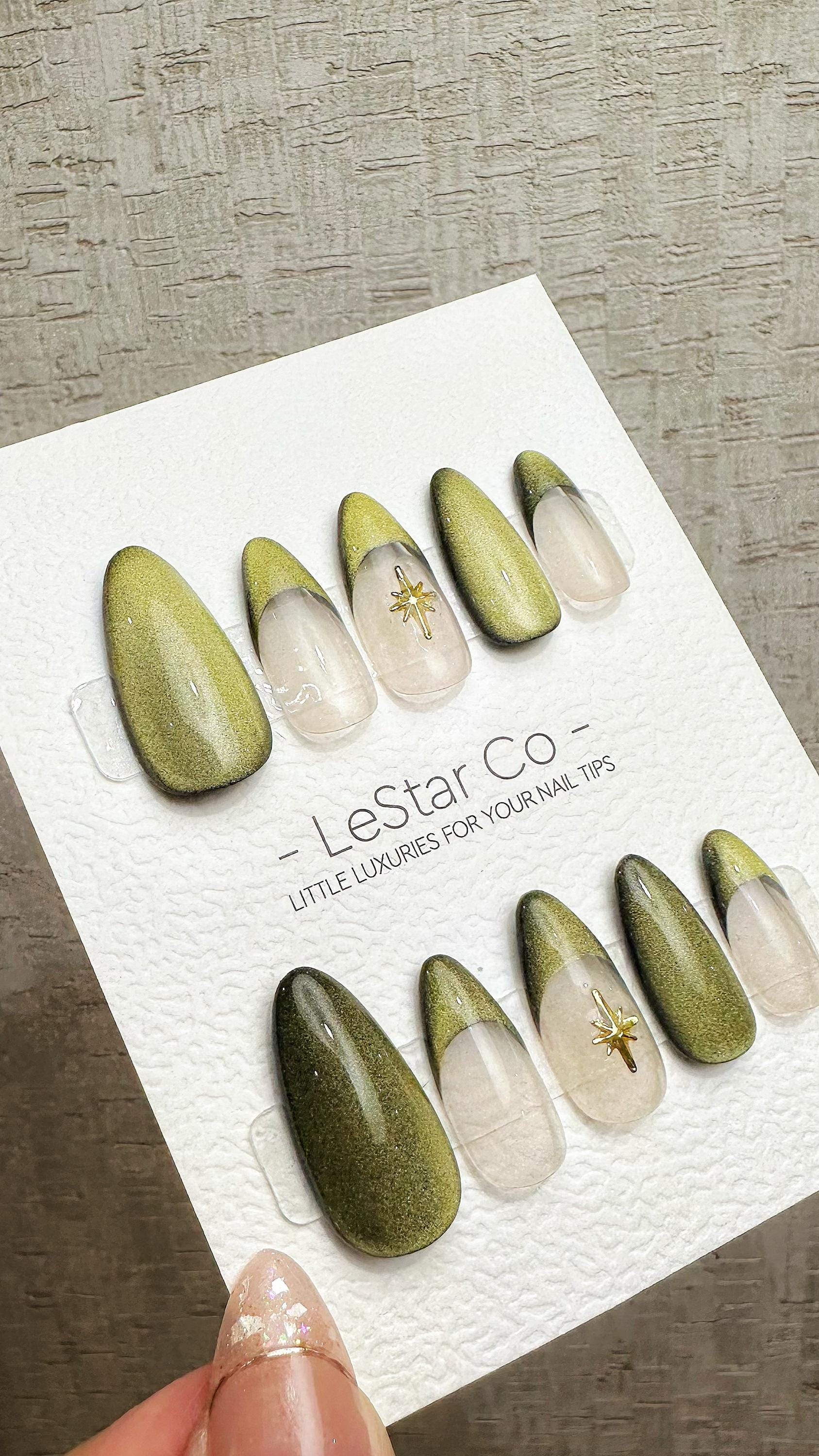 Handmade Starry Cat Eye Press On Nails: French Tip Gel Faux Nails