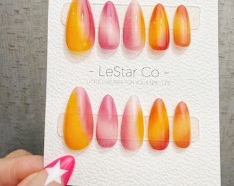 Handmade Watercolor Ombre Press-On Nails, Citrus Reverie, Almond Shape (4-for-3 Offer)