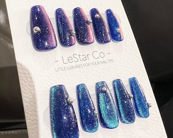 Reusable Green Purple Polar lights | Nails Premium Short Press on Nails Gel Manicure | Fake Nails | Handmade | Lestarco faux nails ML360