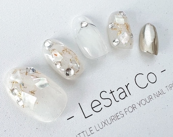 Reusable Pearl Crystals Gold Dream | Premium Press on Nails Gel | Fake Nails | Cute Fun Colorful Colorful Gel Nail Artist faux nails xwz207
