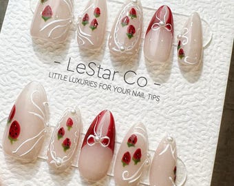 Timed Offer 4 For 3) Handmade Press On Strawberry Bliss Gel Acrylic Nails