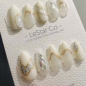 Hand Painted Press On Nails: Silver River Gel Pressons