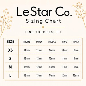 The image is a size chart from LeStar Co. featuring different sizes for a thumb, index, middle, ring, and pinky.