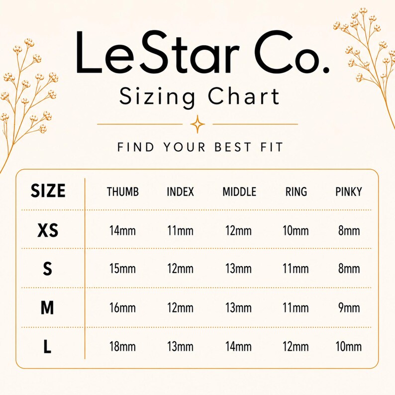 The image is a size chart from LeStar Co. featuring different sizes for a thumb, index, middle, ring, and pinky.