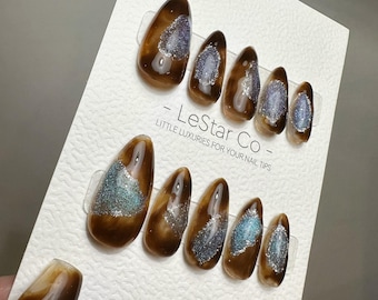Handmade Press On Nails: Brown Swirl Gel Acrylic with Glitter Accent