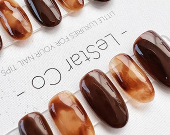 Timed Offer 4 For 3) Handmade Press On Amber Swirl Gel Acrylic Nails