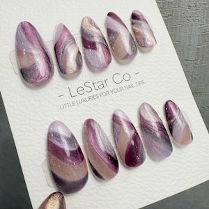 Tourbillon oeil de chat lilas améthyste réutilisable | Presse faite main sur les ongles en gel | Offre programmée 4pour3