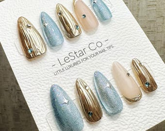 Timed Offer 4 For 3) Handmade Press On Celestial Cat Eye Elegant Gel Nails