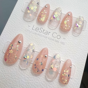 Timed Offer 4 For 3) Handmade Press On Shimmering Petals Gel Acrylic Nails