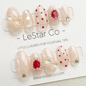 Reusable Polka Dot Heart  Premium Short Press on Nails Gel Hand Painted Pressons Hand painted faux nails xx150 Lestarco