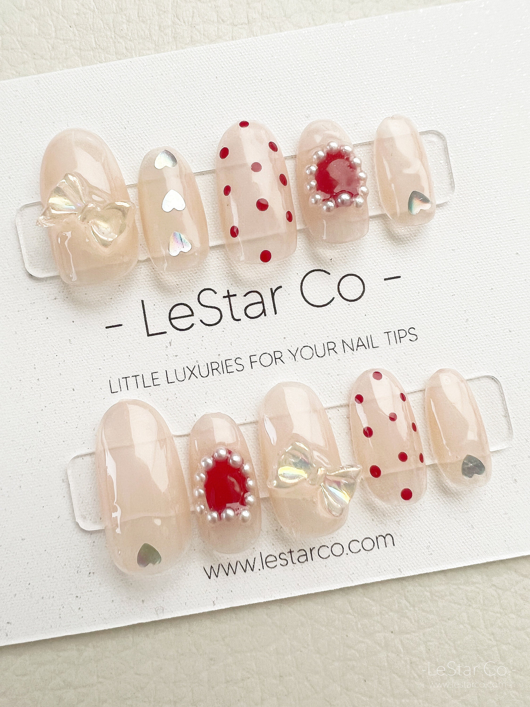 Reusable Polka Dot Heart  Premium Short Press on Nails Gel Hand Painted Pressons Hand painted faux nails xx150 Lestarco