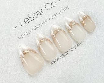 Timed Offer 4 For 3) Handmade Press On Pearl Royale Gel Acrylic Nails