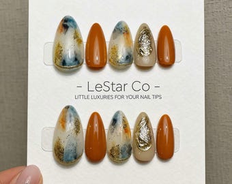 Oferta por tiempo limitado: 4x3 en uñas postizas de gel Terracotta Sky Fusion hechas a mano.
