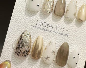 Gold Star Moon Glitter Press On Nails | Handmade Gel Fake Nails
