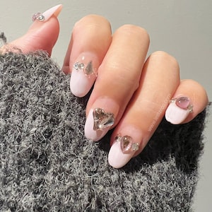Reusable Pink French with Heart Charms| Premium Handmade Press on Nails Gel | Fake Nails | Cute Pressons Gel Nail Artist faux nails