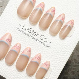 Reusable Peachy Ribbon French Tip  ML1045| Premium Handmade Press on Nails Gel | Fake Nails | Cute Pressons Gel Nail Artist faux nails