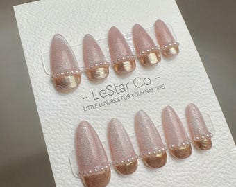Handmade Pink Cat Eye Gold Chrome Press On Nails with Pearls