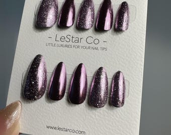 Timed Offer 4 For 3) Handmade Press On Purple  Chrome Gel Acrylic Nails KS402