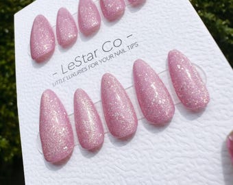 Handmade Cosmic Rose Pink Cat Eye Gel Press On Nails