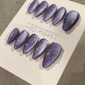 Reusable Cosmic Lavender Cat Eye Effect | Nails Premium Press on Nails Gel Manicure Handprint Pressons Handmade | Lestarco nails WM989
