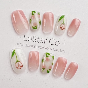 Uñas de gel reutilizables con tulipán rosa / Uñas postizas de primera calidad pintadas a mano, uñas postizas de gel de colores, uñas postizas xwz215_ML