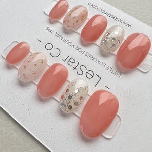 Timed Offer 4 For 3) Handmade Press On Peach Gold Foil Gel Acrylic Nails image 1