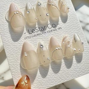 Pearl Lace French Tip Press On Nails: Reusable Handmade Gel Faux Nails