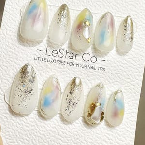 Hand Painted Press On Nails: Prism Watercolor with Gold Glitter