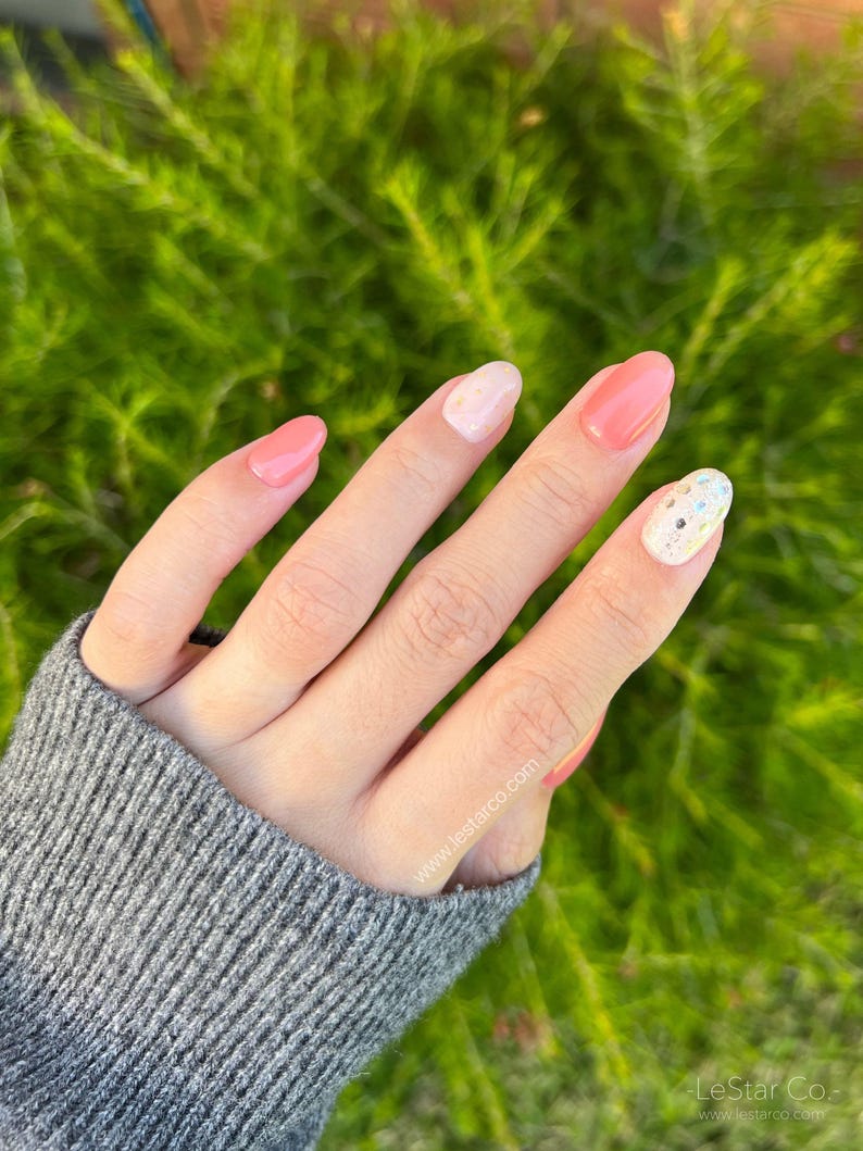 Timed Offer 4 For 3) Handmade Press On Peach Gold Foil Gel Acrylic Nails image 4