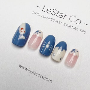 Reusable Kitty Cat Nails Premium Short Press on Nails Gel Manicure Hand Painted Pressons Handmade | Lestarco faux nails QN236