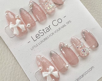 Reusable Ribbon Bear Pearl | Premium Press on Nails Gel Manicure Hand Painted Pressons Handmade | Lestarco faux nails 129zz
