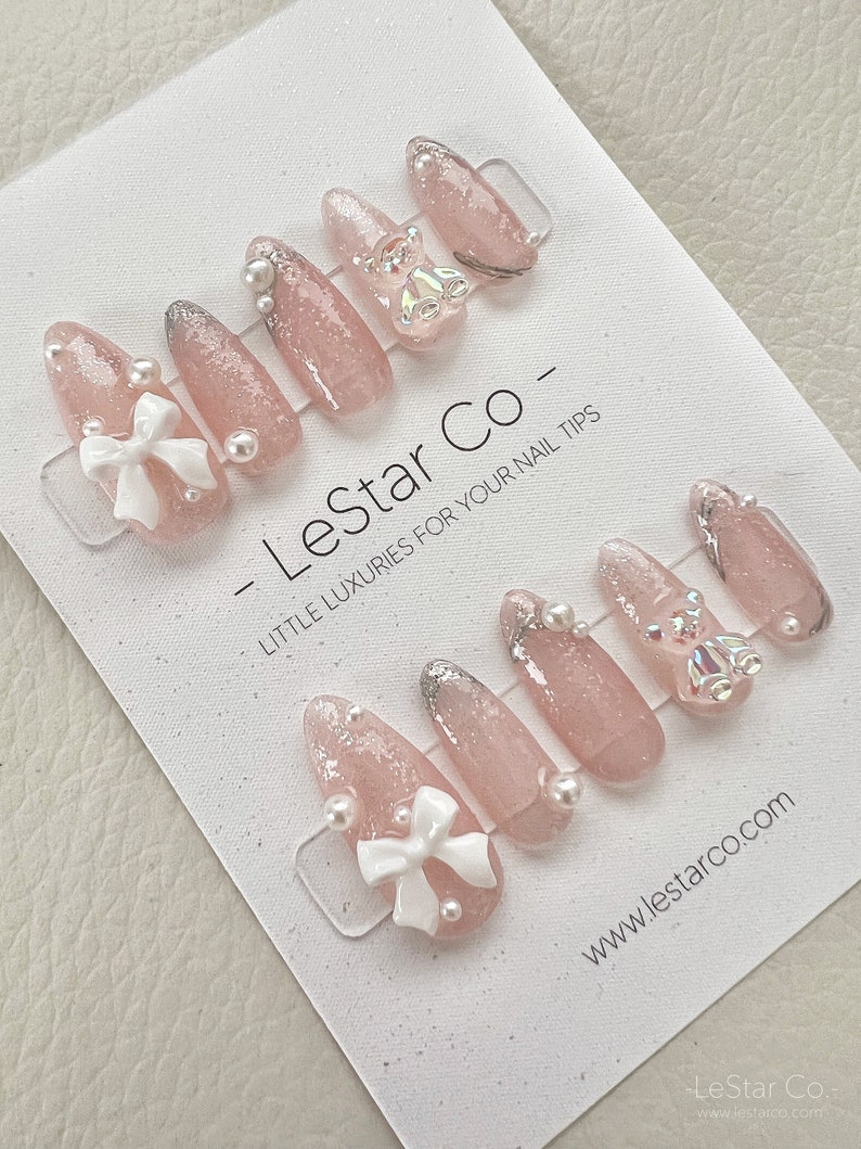 Reusable Ribbon Bear Pearl | Premium Press on Nails Gel Manicure | Fake Nails | Handmade | Lestarco faux nails 129zz 
