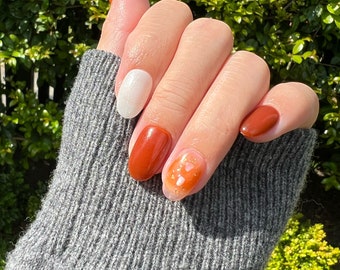 Reusable Shimmery White Orange  Press on Nails Gel Manicure | Fake Nails | Handmade | Lestarco faux nails XWZ106