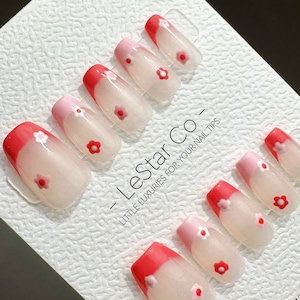 Reusable Springtime Blooms French Tip | Premium Press on Nails Gel Handprint Pressons Pressons Gel Nail Artist faux nails YR675