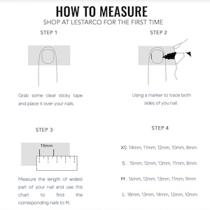Pode incluir: Um diagrama que mostra como medir o seu dedo para um anel. As etapas s&atilde;o ilustradas com desenhos. Etapa 1: Coloque fita adesiva transparente sobre a sua unha. Etapa 2: Trace os lados da sua unha com um marcador. Etapa 3: Me&ccedil;a a largura da sua unha. Etapa 4: Um gr&aacute;fico mostra os tamanhos de anel correspondentes para diferentes larguras de unhas em mil&iacute;metros. XS: 14 mm, 11 mm, 12 mm, 10 mm, 8 mm. S: 15 mm, 12 mm, 13 mm, 11 mm, 8 mm. M: 16 mm, 12 mm, 13 mm, 11 mm, 9 mm. L: 18 mm, 13 mm, 14 mm, 12 mm, 10 mm.
