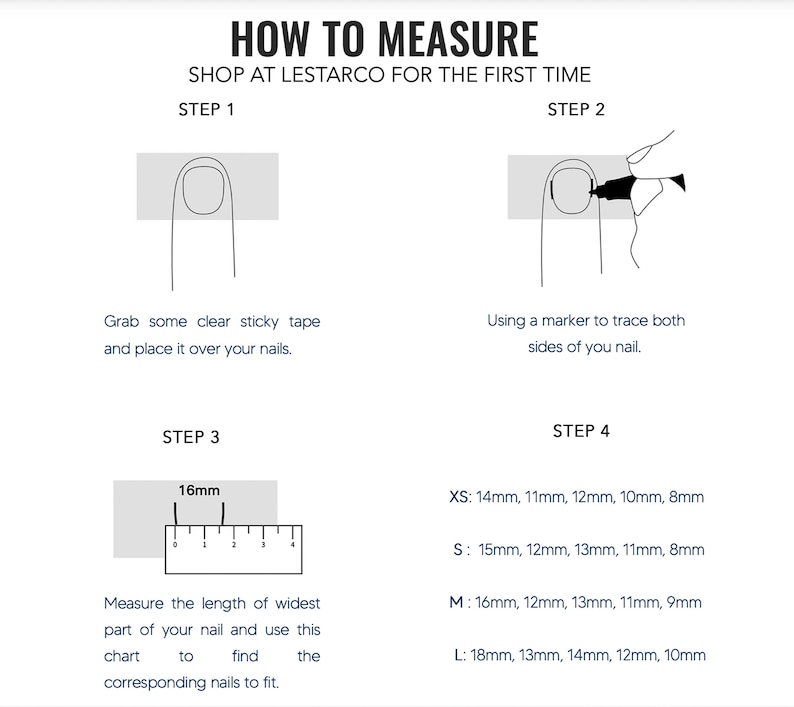 Pode incluir: Um diagrama que mostra como medir o seu dedo para um anel. As etapas s&atilde;o ilustradas com desenhos. Etapa 1: Coloque fita adesiva transparente sobre a sua unha. Etapa 2: Trace os lados da sua unha com um marcador. Etapa 3: Me&ccedil;a a largura da sua unha. Etapa 4: Um gr&aacute;fico mostra os tamanhos de anel correspondentes para diferentes larguras de unhas em mil&iacute;metros. XS: 14 mm, 11 mm, 12 mm, 10 mm, 8 mm. S: 15 mm, 12 mm, 13 mm, 11 mm, 8 mm. M: 16 mm, 12 mm, 13 mm, 11 mm, 9 mm. L: 18 mm, 13 mm, 14 mm, 12 mm, 10 mm.
