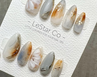 Timed Offer 4 For 3) Handmade Press On Smoky Floral Gel Acrylic Nails
