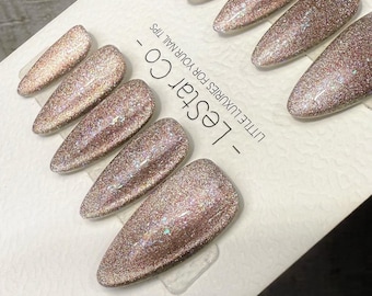 Reusable Champagne Stardust Cat Eye | Handmade Press On Gel Nails | 4for3 Timed Offer