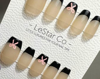 Handmade French Tip Press On Nails with Pink Bow Detail