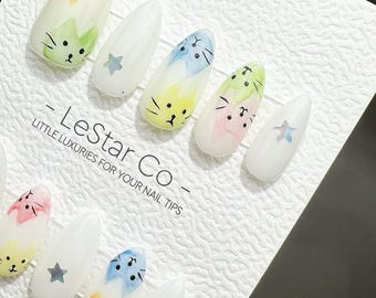 Uñas postizas de gatito hechas a mano – Manicura personalizada de gel acrílico