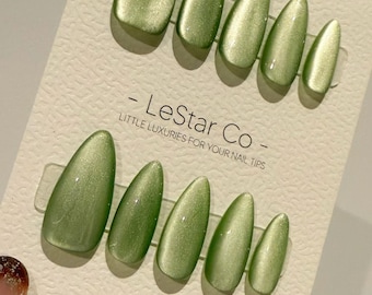 Reusable Celadon Mist Cat Eye | Handmade Press On Gel Acrylic Nails | 4for3 Timed Offer