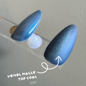 May include: Two nail polish samples, one with a velvet matte top coat over a blue glitter polish, labeled "velvet matte top coat over Admiral Cat Eye"