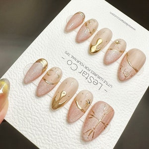 Handmade Bride Cat Eye Press On Nails: Gold Celestial Gel Fake Nails