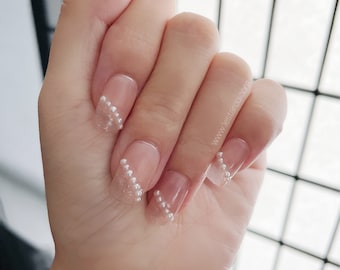 Reusable French tip with pearls  | Premium Press on Nails Gel Manicure | Fake Nails | Handpainted by Professional Nail Artist faux nails