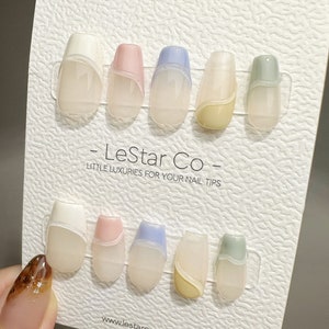 Reusable Soft Tints French Tip | Premium Press on Nails Gel | Fake Nails | Cute Fun Colorful Gel Nail faux nails QN469