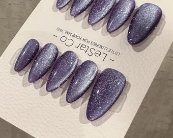 Reusable Cosmic Lavender Cat Eye | Handmade Press On Gel Nails | 4for3 Timed Offer